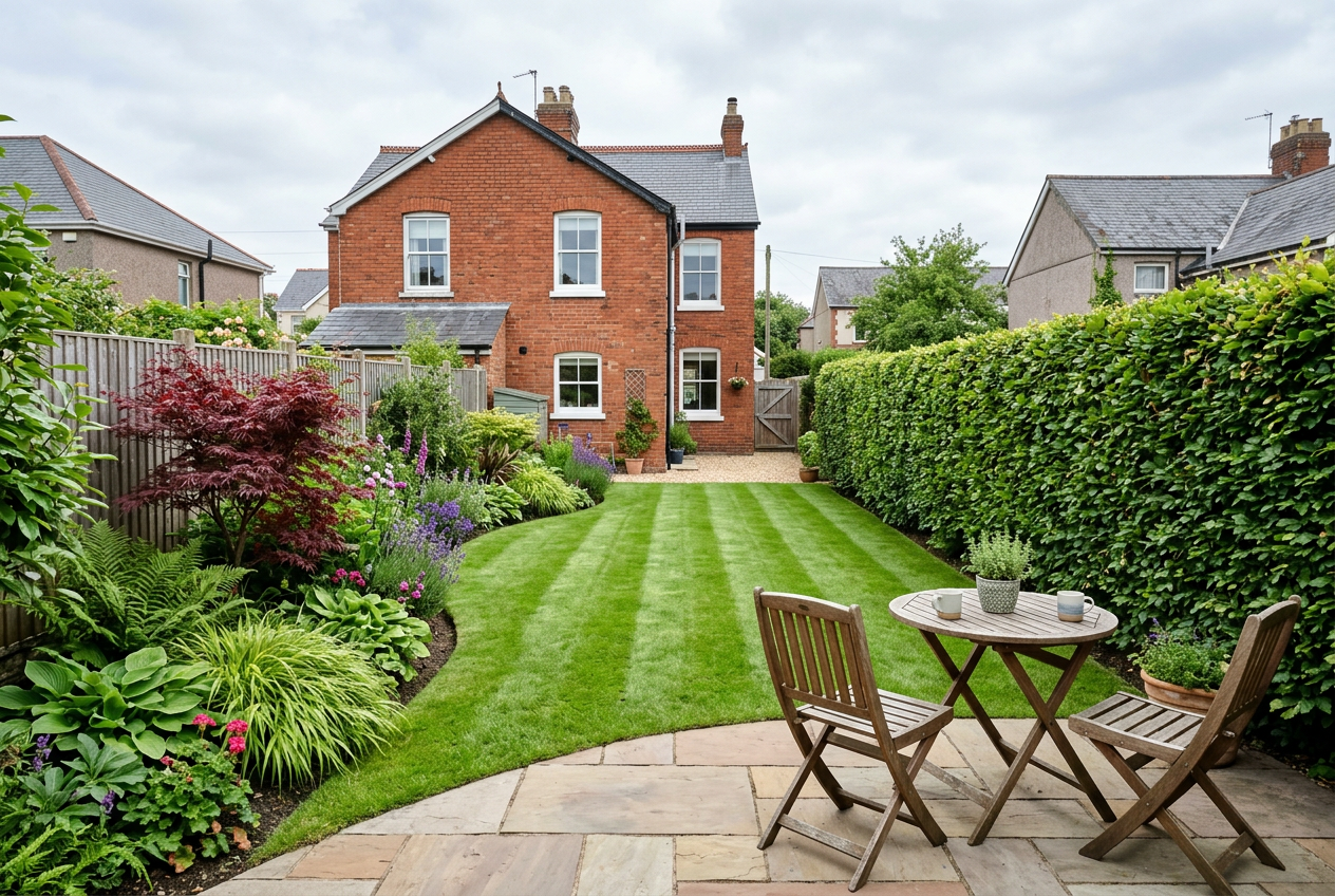 Beautifully maintained Welsh country garden at golden hour